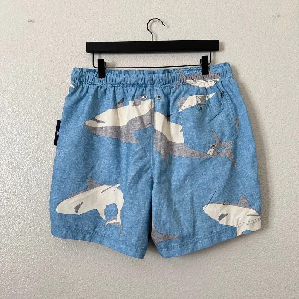 Lands’ End 6” Volley Swim Trunks blue gray white shark print
